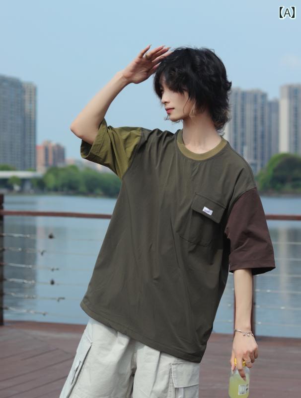メンズ ファッション 春夏 秋冬 かっこいい オシャレ モテ 男性用 紳士服 服 韓国 シンプル 大人 和風 アウトドア スプライシング ポケット 半袖 ラウンドネック T シャツ ゆったり カジュアル 速乾 カップル