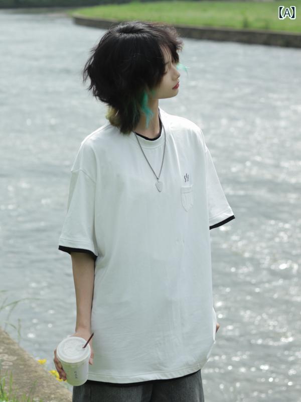 メンズ ファッション 春夏 秋冬 かっこいい オシャレ モテ 男性用 紳士服 服 韓国 シンプル 大人 レトロ フェイク ツーピース ラウンドネック 半袖 T シャツ 白 多目的 ポケット 半袖 メンズ