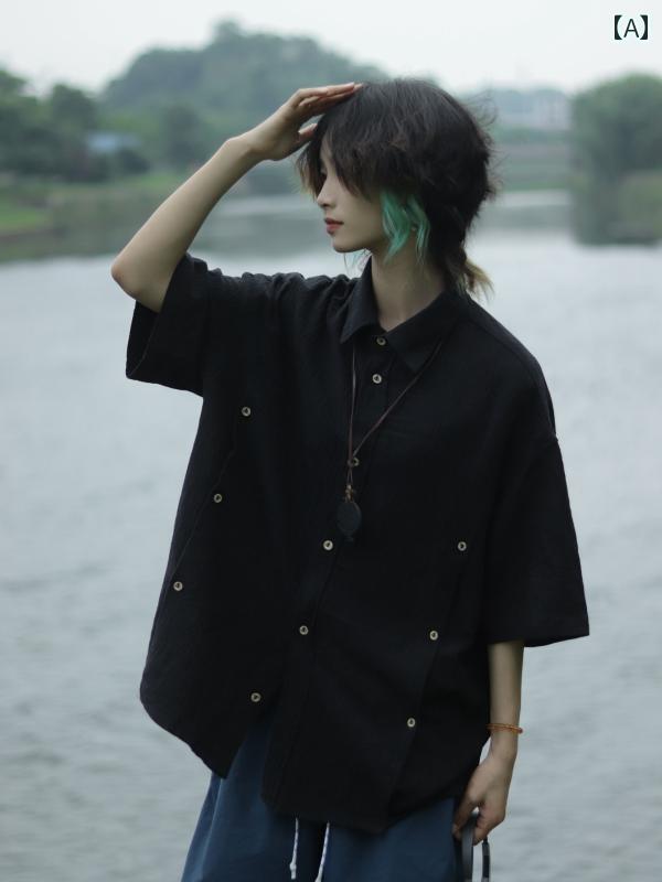 メンズ ファッション 春夏 秋冬 かっこいい オシャレ モテ 男性用 紳士服 服 韓国 シンプル 大人 レトロ エスニック 綿 リネン 半袖 シャツ メンズ レディース 中国 リネンシャツ