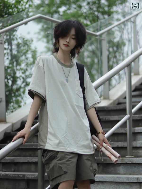 メンズ ファッション 春夏 秋冬 かっこいい オシャレ モテ 男性用 紳士服 服 韓国 シンプル 大人 アウトドア キャンプ 機能 スプライシング ラウンドネック 半袖 T シャツ サイド ポケット ゆったり メンズ レディース｜YKC8