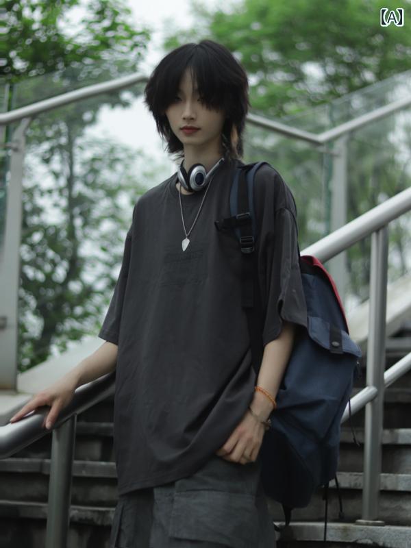 メンズ ファッション 春夏 秋冬 かっこいい オシャレ モテ 男性用 紳士服 服 韓国 シンプル 大人 レトロ レター プリント ラウンドネック ヘビー ソリッドカラー 半袖 T シャツ ゆったりメンズ｜YKC8