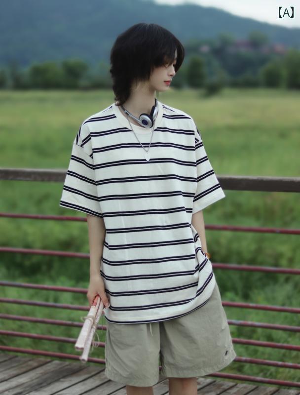 メンズ ファッション 春夏 秋冬 かっこいい オシャレ モテ 男性用 紳士服 服 韓国 シンプル 大人 レトロ ラウンドネック ストライプ 半袖 T シャツ ゆったり カジュアル カップル