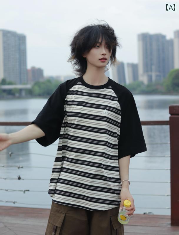 メンズ ファッション 春夏 秋冬 かっこいい オシャレ モテ 男性用 紳士服 服 韓国 シンプル 大人 レトロ コントラスト ストライプ 半袖 ラウンドネック T シャツ ゆったり ニュートラル スタイル カップル｜YKC8