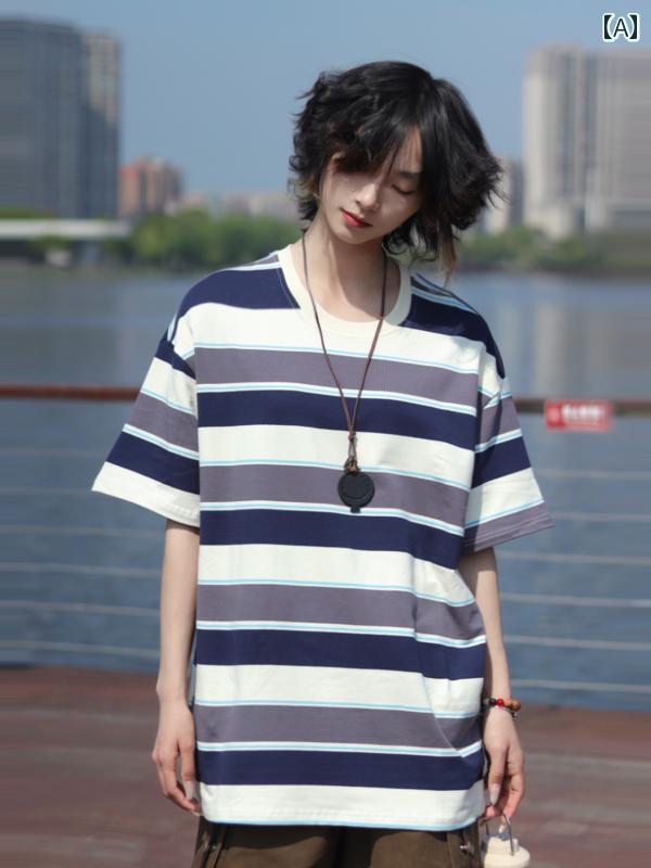 メンズ ファッション 春夏 秋冬 かっこいい オシャレ モテ 男性用 紳士服 服 韓国 シンプル 大人 レトロ カラー ブロック ストライプ 半袖 T シャツ ラウンドネック カップル 7,277円