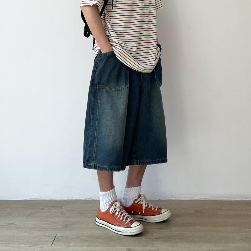 メンズ ファッション 春夏 秋冬 かっこいい オシャレ モテ 男性用 紳士服 服 韓国 シンプル 大人 夏 レトロ ウォッシュドデニム 七分丈 ミッド パンツ ワイド レッグ カジュアル ショート|YKC8