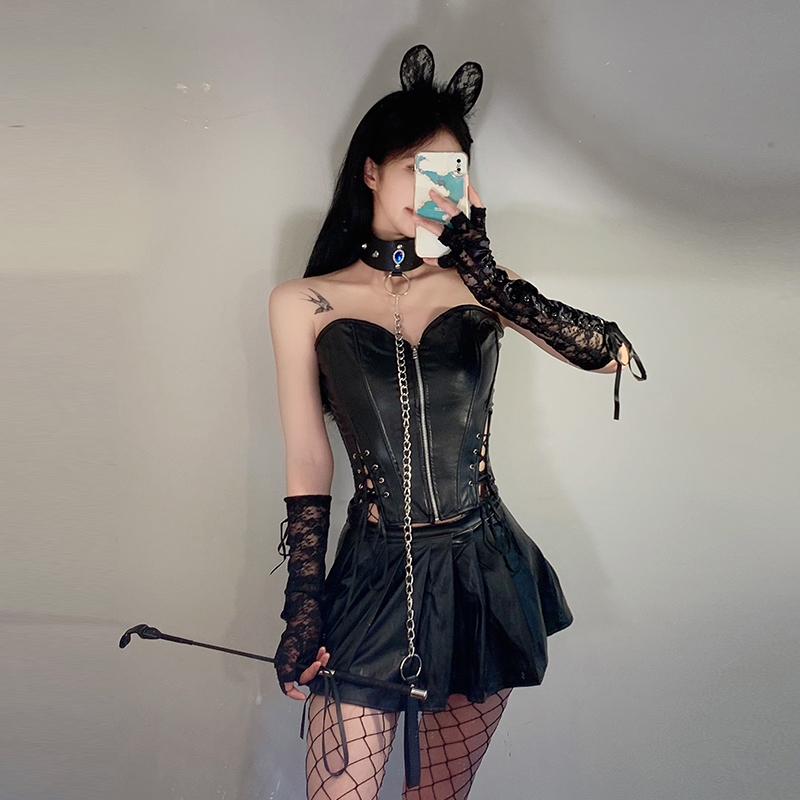 制服 レディース ファッション 女性 ハロウィン コスプレ 変装 かわいい おしゃれ セクシー 衣装 コスチューム 〇3点ベスト＋スカート＋Tバック〇 女王 バニーガール うさ耳 網タイツ 手袋 首輪
