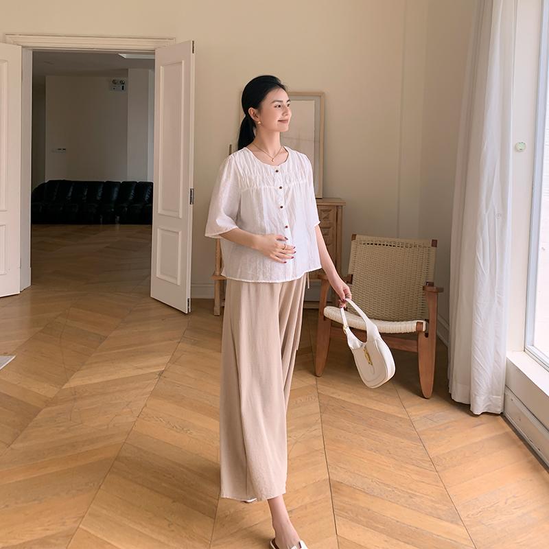 レディース ファッション 春夏 かわいい おしゃれ マタニティ 妊娠中 ベビー 赤ちゃん シフォン パンツ ワイド トップス 七分袖 半袖 シンプル