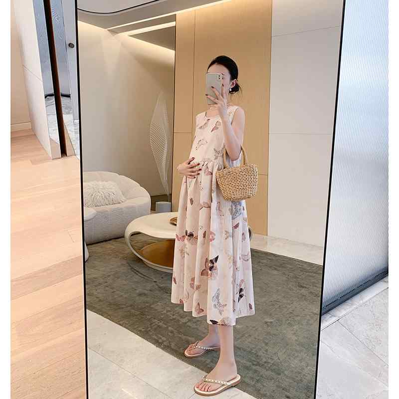 レディース ファッション 春夏 かわいい おしゃれ マタニティ 妊娠中 ベビー 赤ちゃん ドレス ノースリーブ ロング スカート ワンピース 蝶