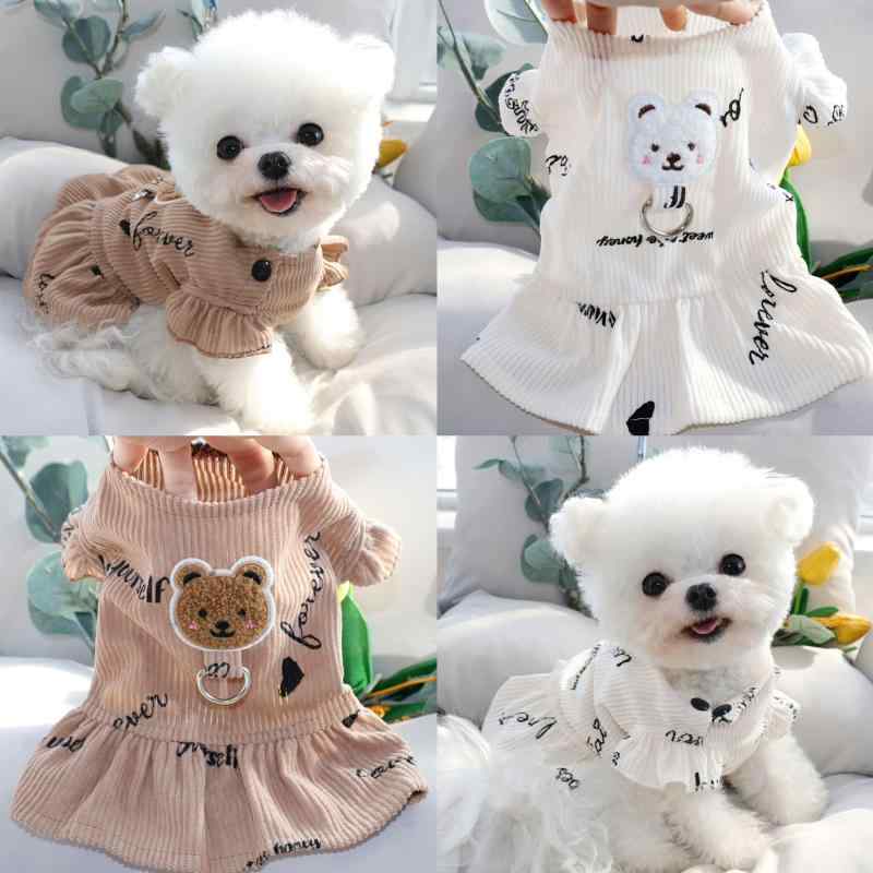 ドッグウェア 秋冬 ペット 犬 猫 服 散歩 かわいい おしゃれ 衣装 小型 スカート ワンピース クマ コーデュロイ