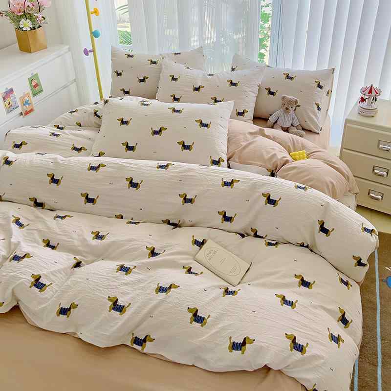 韓国 シングル セミ ダブル クイーン キング 寝具 カバー シーツ 布団 かわいい おしゃれ ベッド 寝室 インテリア ガーリー 犬 ダックスフント シンプル 枕 掛け布団 4点 セット ボックス｜YKC8