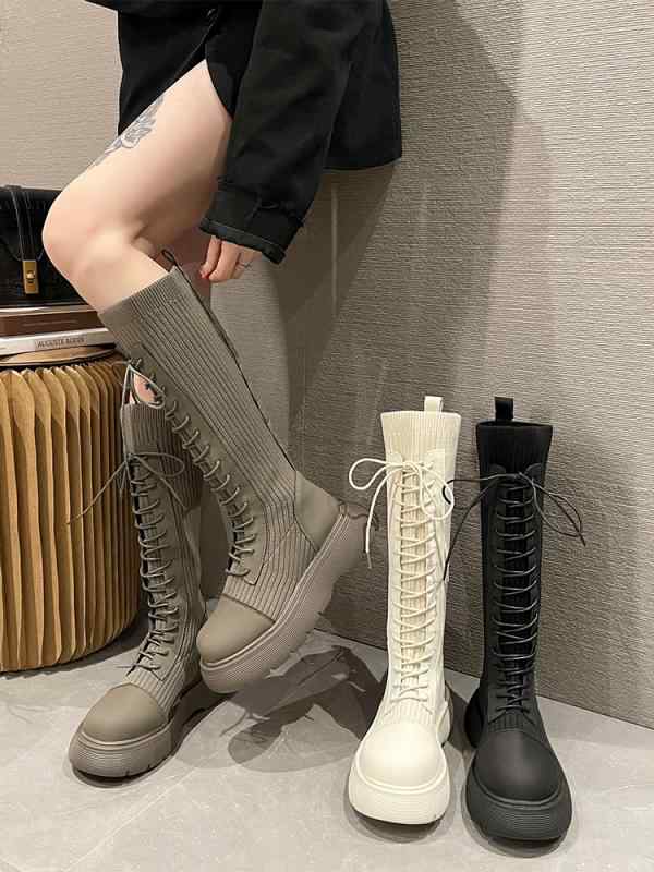 女性 韓国 おすすめ 秋冬 レディース ファッション かわいい おしゃれ シンプル 靴 ブーツ ロング ニット 厚底 スリム 紐 靴底 5cm｜YKC8