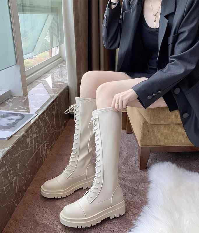 女性 韓国 おすすめ 秋冬 レディース ファッション かわいい おしゃれ シンプル 靴 ブーツ 厚底 ロング 紐 ヒール 5cm|YKC8