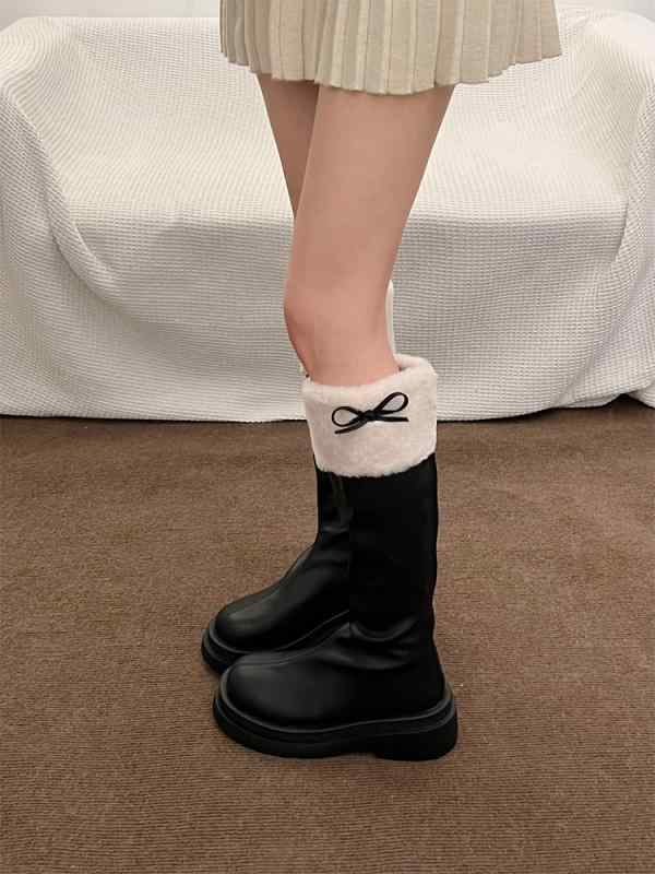 女性 韓国 おすすめ 秋冬 レディース ファッション かわいい おしゃれ シンプル 靴 ブーツ スノー 厚底 ロング リボン ふわふわ ガーリー ヒール 4cm｜YKC8