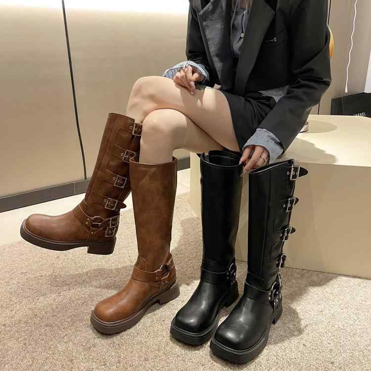 女性 韓国 おすすめ 秋冬 レディース ファッション かわいい おしゃれ シンプル 靴 ブーツ 厚手 ヒール レトロ ロング ベルト|YKC8