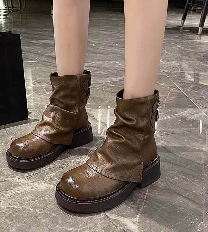 女性 韓国 おすすめ 秋冬 レディース ファッション かわいい おしゃれ シンプル 靴 ブーツ 厚底 ショート レトロ|YKC8