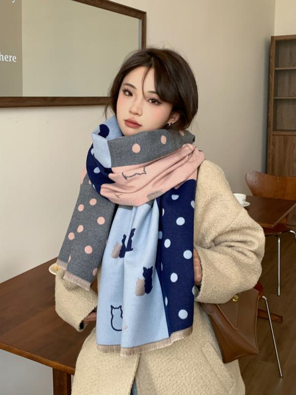 レディース ファッション 秋冬 ニット スカーフ マフラー 女性 韓国 ネックウォーマー かわいい おしゃれ 65cm×190cm 猫 両面 ショール シンプル ドット 水玉