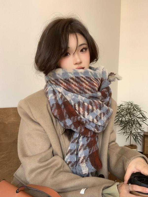 レディース ファッション 秋冬 ニット スカーフ マフラー 女性 韓国 ネックウォーマー かわいい おしゃれ 65cm×190cm 千鳥格子 厚手 シンプル ショール チェック 千鳥格子|YKC8