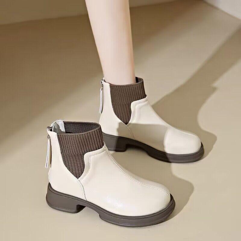 女性 韓国 おすすめ 秋　冬 レディース ファッション かわいい おしゃれ シンプル 靴 ブーツ 革 厚底 ソックス 英国 ショート 靴下 裏起毛 暖かい 防寒