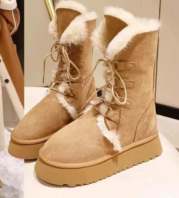 女性 韓国 おすすめ 秋 冬 レディース ファッション かわいい おしゃれ シンプル 靴 ブーツ スノー ベルベット 厚手 厚底 ショート 紐 裏起毛 暖かい 防寒 ムートン ふわふわ|YKC8