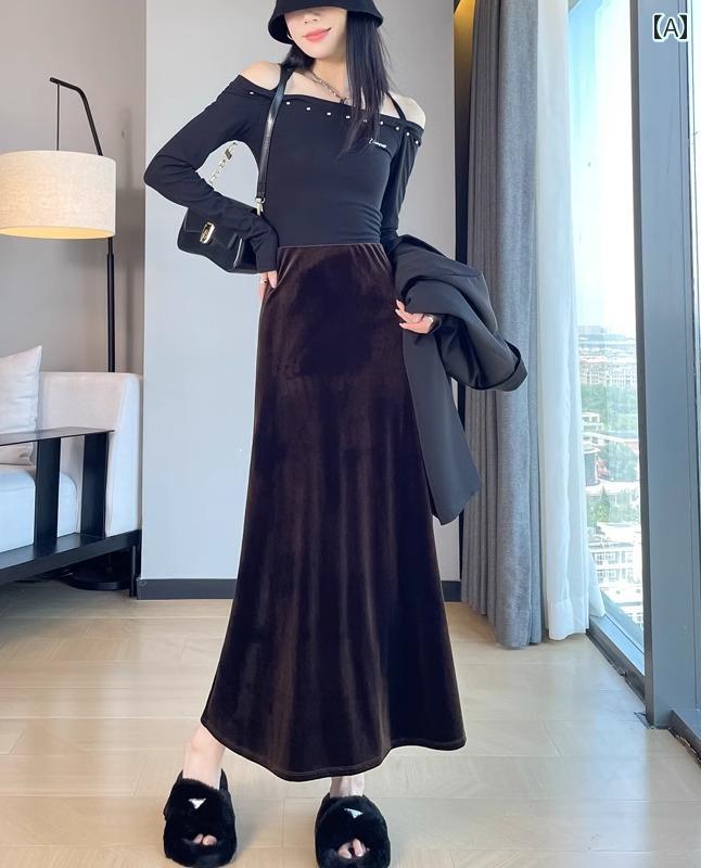 女性 レディース ファッション おしゃれ かわいい 韓国 秋冬 ベルベット スカート ハイウエスト スリム シンプル ロング Aライン ボトムス｜YKC8