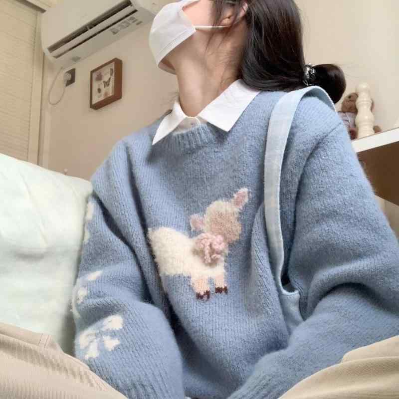 女性 レディース ファッション おしゃれ かわいい 韓国 秋冬 ラウンドネック ニット セーター イラスト 羊 重ね着 リボン 長袖 トップス|YKC8