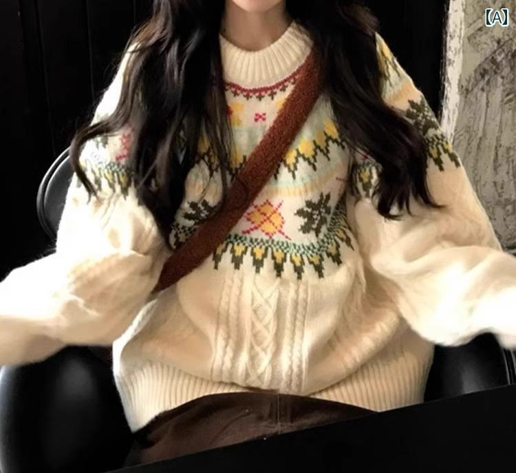 女性 レディース ファッション おしゃれ かわいい 韓国 秋冬 ラウンドネック ニット セーター トップス 長袖 カラフル 柄 模様