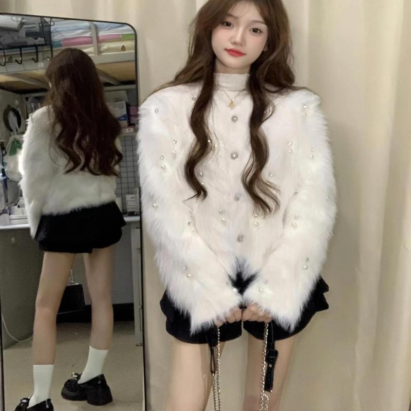 女性 レディース ファッション おしゃれ かわいい 韓国 秋冬 パール ボタン ニット カーディガン コート セーター アウター キラキラ ラインストーン フワフワ トップス 長袖|YKC8