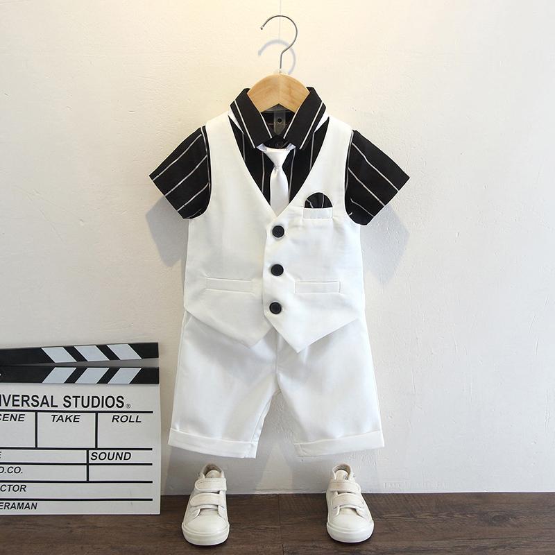 キッズ ファッション 男の子 かわいい おしゃれ かっこいい 韓国 子供服 発表会 結婚式 高級 スーツ 夏 英国 シャツ パンツ 衣装 半袖 セット ベスト ネクタイ ストライプ｜YKC8