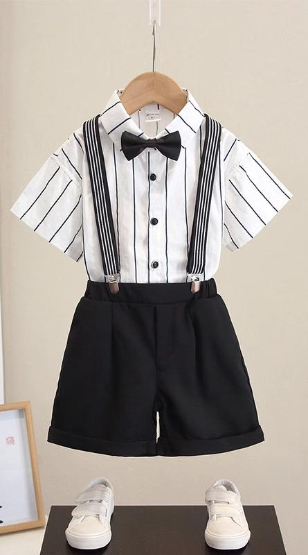 キッズ ファッション 男の子 かわいい おしゃれ かっこいい 韓国 子供服 発表会 結婚式 高級 スーツ 夏 英国 シンプル 半袖 パンツ サロペット サスペンダー セット ストライプ 柄 蝶ネクタイ｜YKC8