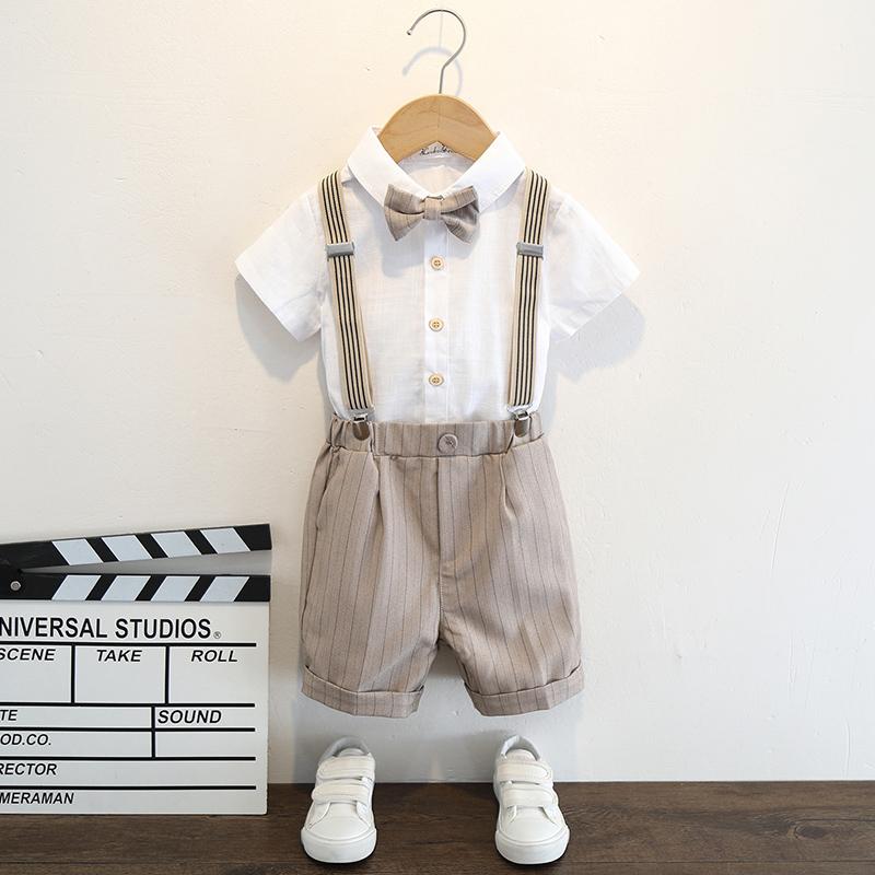 キッズ ファッション 男の子 かわいい おしゃれ かっこいい 韓国 子供服 発表会 結婚式 高級 スーツ シンプル サスペンダー サロペット 蝶ネクタイ ストライプ シャツ パンツ セット 半袖 夏|YKC8