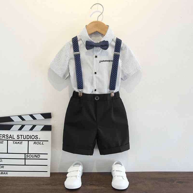 キッズ ファッション 男の子 かわいい おしゃれ かっこいい 韓国 子供服 発表会 結婚式 高級 夏 半袖 スーツ 英国 衣装 シンプル シャツ サロペット サスペンダー パンツ 蝶ネクタイ セット ストライプ 水玉 ドット|YKC8