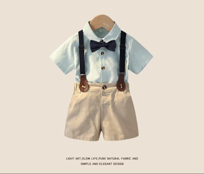 キッズ ファッション 男の子 かわいい おしゃれ かっこいい 韓国 子供服 発表会 結婚式 高級 スーツ 英国 ストライプ 蝶ネクタイ サスペンダー サロペット シンプル シャツ パンツ セット 半袖 夏