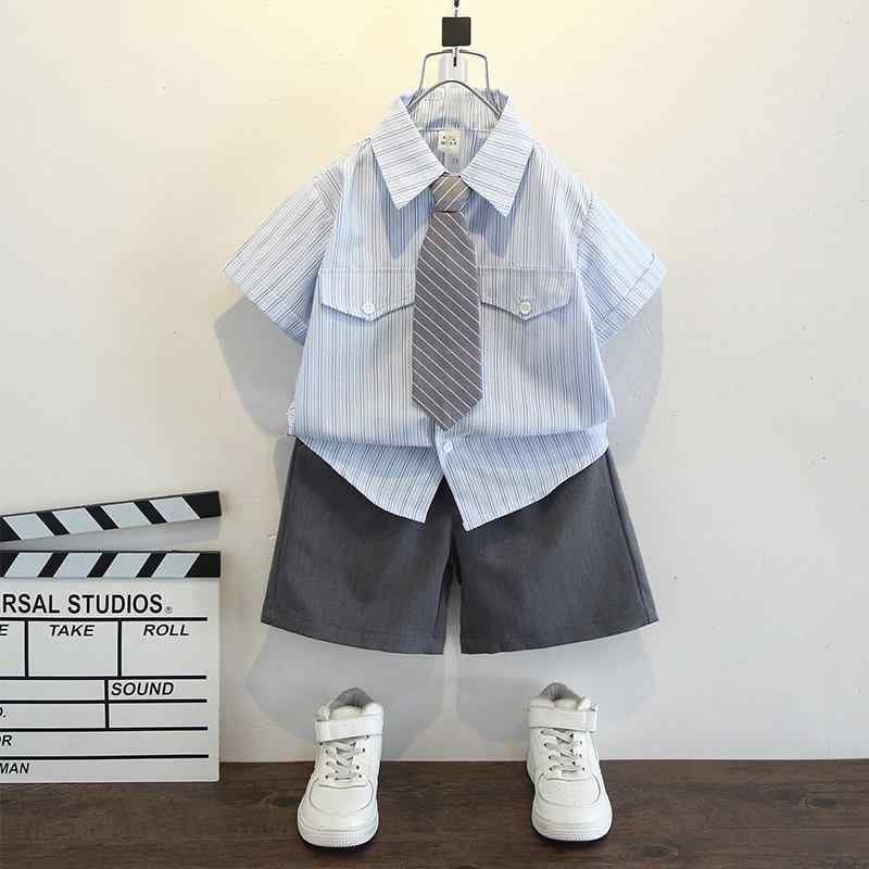 キッズ ファッション 男の子 かわいい おしゃれ かっこいい 韓国 子供服 プリンセス 発表会 結婚式 高級 スーツ 夏 英国 ストライプ ネクタイ シンプル パンツ セット シャツ 半袖|YKC8