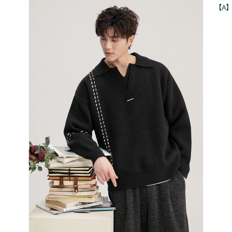 メンズ ファッション 春夏 秋冬 かっこいい オシャレ モテ 男性用 紳士服 服 韓国 シンプル 大人 ファッション オープン ライン ウール セーター 冬 ブラック セーター｜YKC8