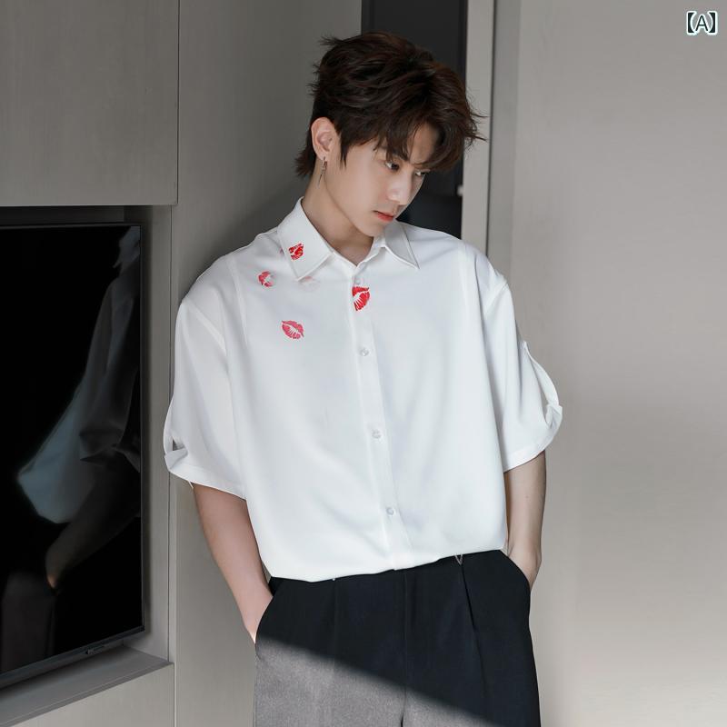 メンズ ファッション 春夏 秋冬 かっこいい オシャレ モテ 男性用 紳士服 服 韓国 シンプル 大人 夏 リップ プリント 色 落ち カジュアル 半袖 シャツ トップス|YKC8