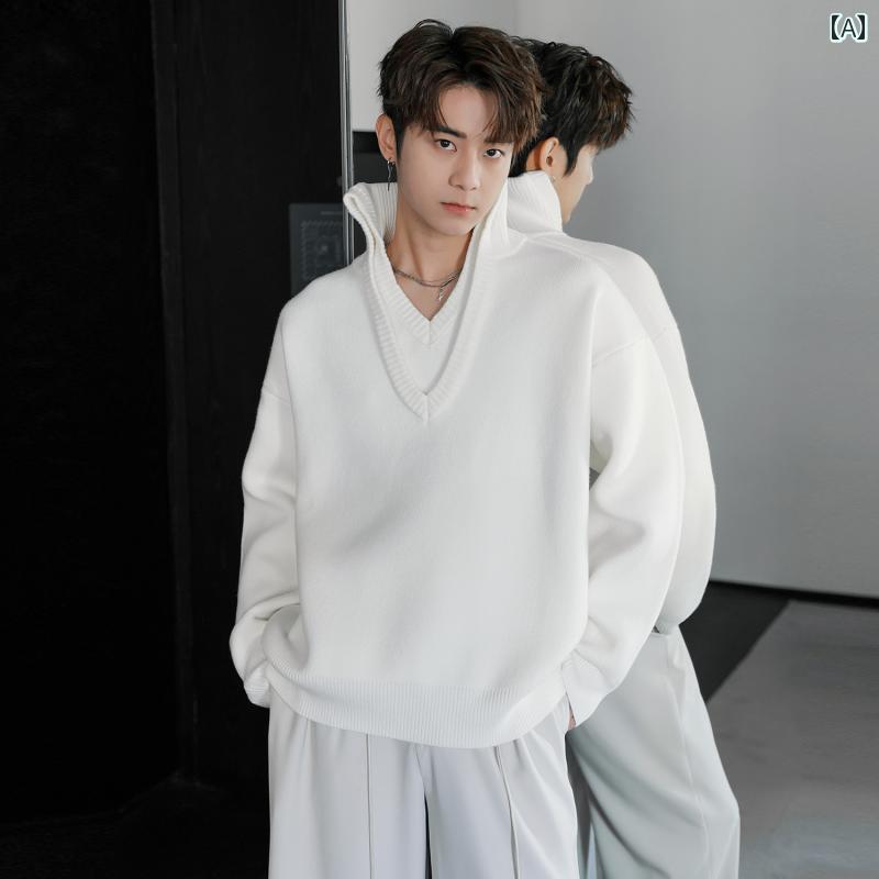 メンズ ファッション 春夏 秋冬 かっこいい オシャレ モテ 男性用 紳士服 服 韓国 シンプル 大人 ファッション フェイク ツーピース セーター ゆったり 深 V スタンドカラー セーター 冬