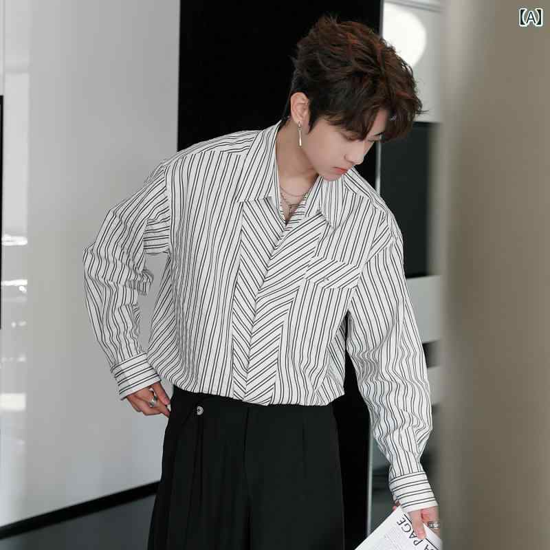 メンズ ファッション 春夏 秋冬 かっこいい オシャレ モテ 男性用 紳士服 服 韓国 シンプル 大人 韓国 シアサッカー カジュアル シャツ ゆったり レトロ ストライプ 長袖 シャツ