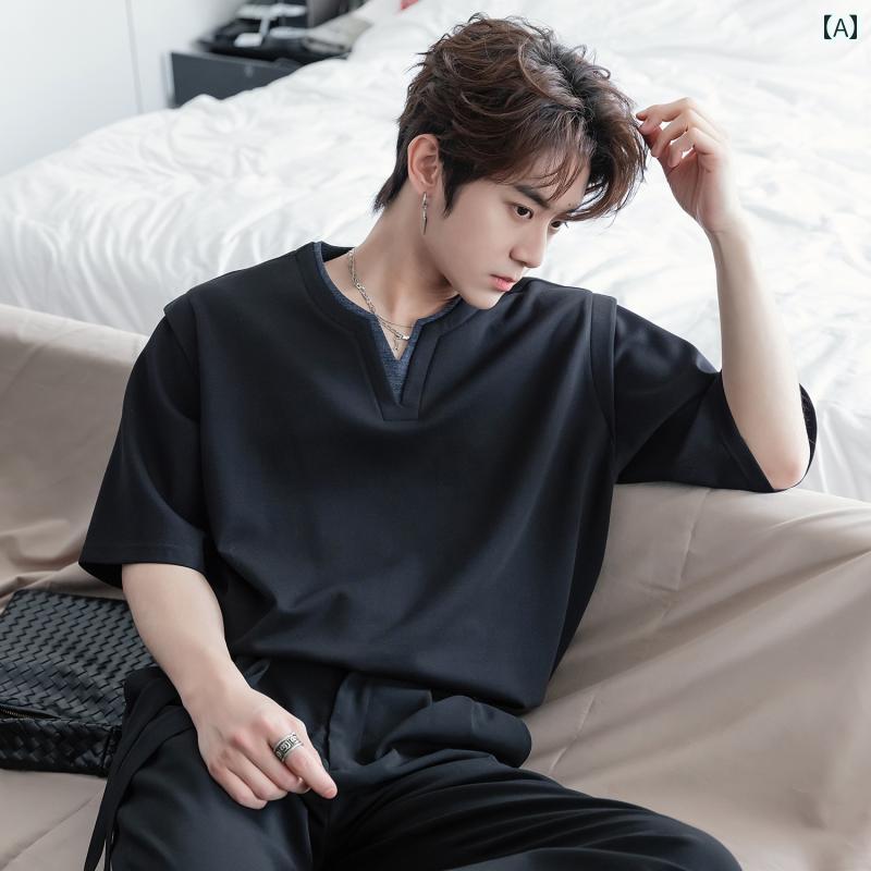 メンズ ファッション 春夏 秋冬 かっこいい オシャレ モテ 男性用 紳士服 服 韓国 シンプル 大人 服 スプライシング フライング ショルダー フェイク ツーピース ハーフスリーブ ボーイズ Vネック 半袖 T シャツ
