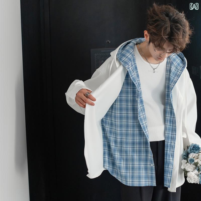 メンズ ファッション 春夏 秋冬 かっこいい オシャレ モテ 男性用 紳士服 服 韓国 シンプル 大人 春 フェイク ツーピース チェック柄 トップ カジュアル ジャケット｜YKC8
