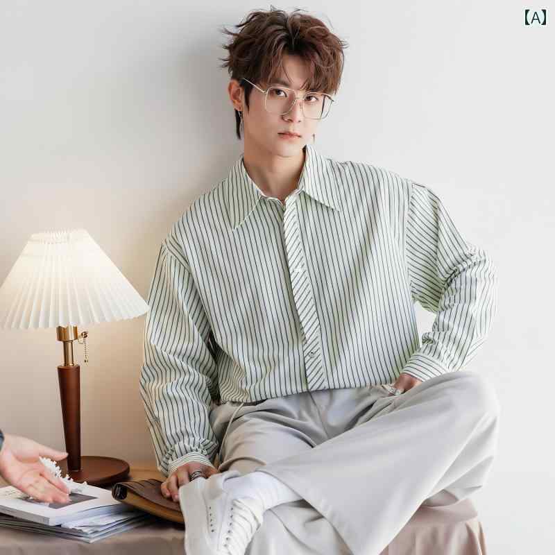 メンズ 流行り物 春夏 秋冬 かっこいい オシャレ モテ 成人男性用 成人男性服  服 韓国 分かりやすい 成年者 韓国 シアサッカー 縞模様 長袖 ティーシャツ 心地よい タイ王国 ティーシャツ トップス トップス-カジュアルシャツ