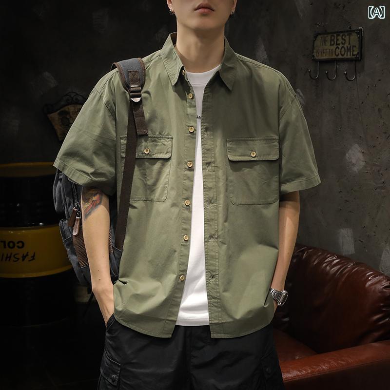 メンズ ファッション 春夏 秋冬 かっこいい オシャレ モテ 男性用 紳士服 服 韓国 シンプル 大人 メンズ 半袖 シャツ 夏物 薄手 和風 シャツ カジュアル ワークジャケット メンズトップス