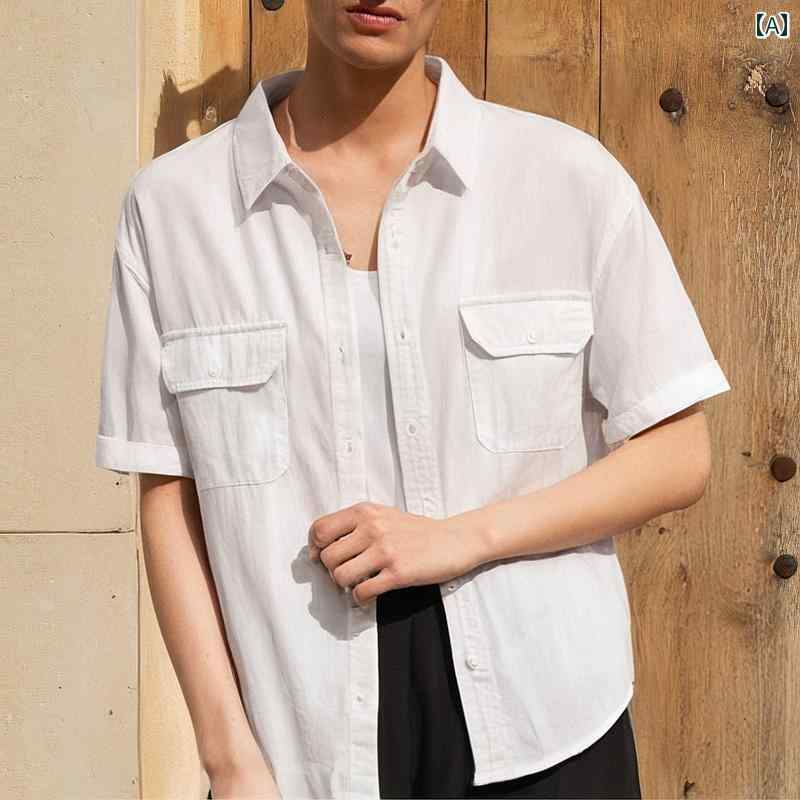 メンズ ファッション 春夏 秋冬 かっこいい オシャレ モテ 男性用 紳士服 服 韓国 シンプル 大人 夏 ダブル ポケット ワークシャツ アメリカ メンズ シンプル コットン 半袖 シャツ メンズシャツ