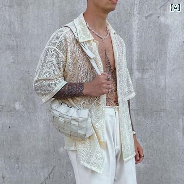 メンズ ファッション 春夏 秋冬 かっこいい オシャレ モテ 男性用 紳士服 服 韓国 シンプル 大人 スタイリッシュ メンズシャツ 大きいサイズ ファッション 個性 シースルー レース シャツ 夏 メンズ アウトドア クール 通気性 トップ｜YKC8 28,854円