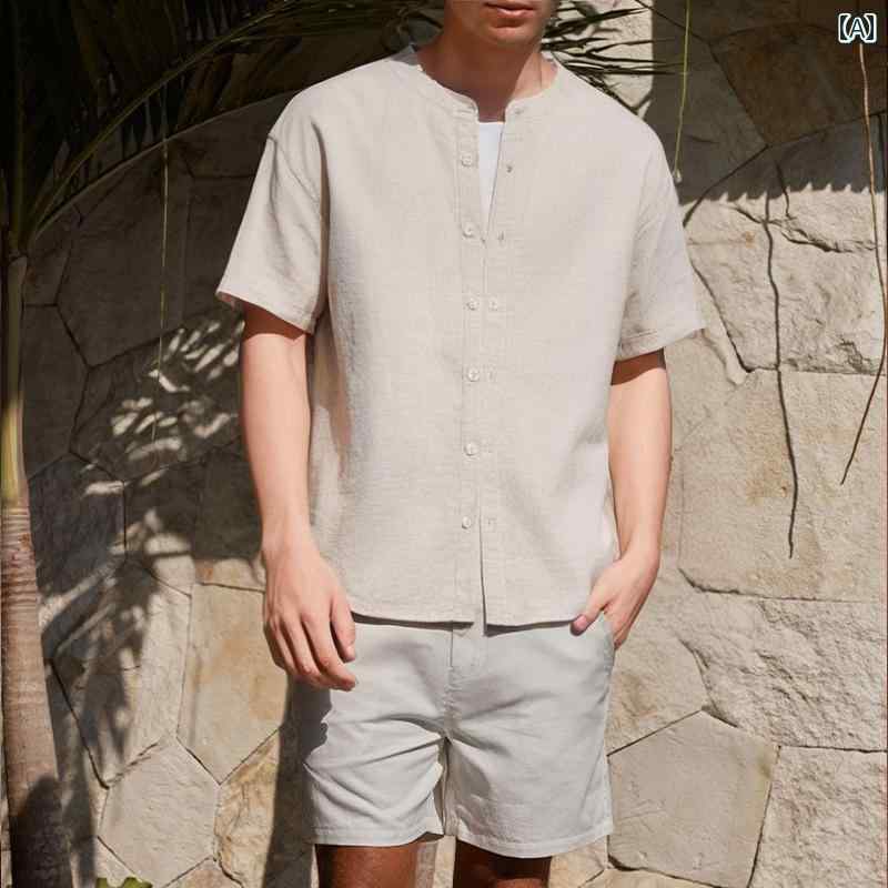 メンズ ファッション 春夏 秋冬 かっこいい オシャレ モテ 男性用 紳士服 服 韓国 シンプル 大人 夏 アメリカン リネン 半袖 シャツ メンズカジュアル スタンドカラー コットンリネン シャツ メンズシャツ