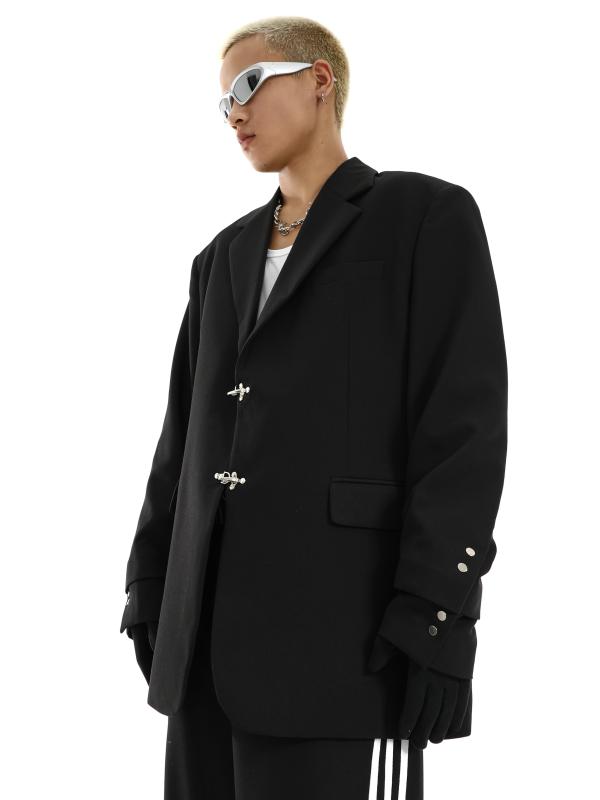 メンズ ファッション 春夏 秋冬 かっこいい オシャレ モテ 男性用 紳士服 服 韓国 シンプル 大人 春　秋 メタル ボタン ショルダーパッド スーツ ジャケット 二層 スプライシング シンプル ハイエンド アウター｜YKC8