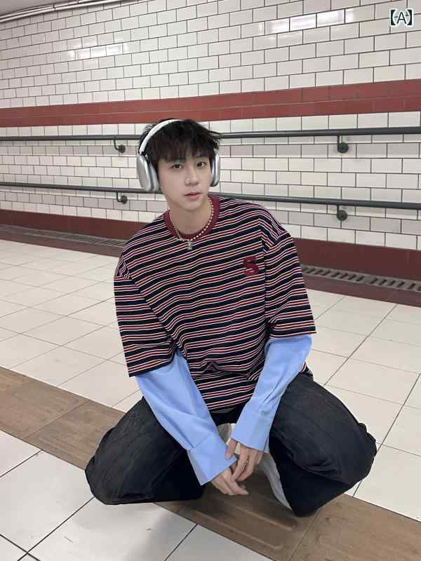 メンズ ファッション 春夏 秋冬 かっこいい オシャレ モテ 男性用 紳士 韓国 シンプル 大人 フェイク ツーピース ストライプ ステッチ ラウンドネック プルオーバー T シャツ 長袖 男女兼用 春 ゆったり 快適 トップス｜YKC8