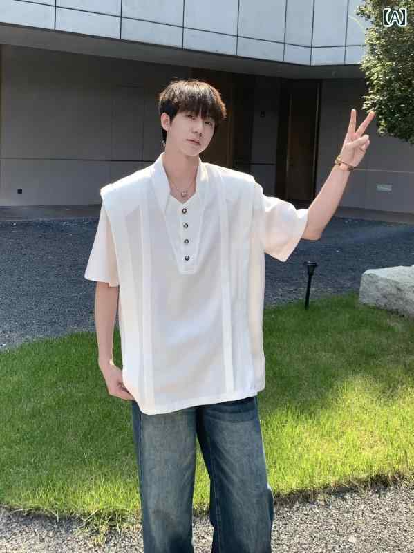 メンズ ファッション 春夏 秋冬 かっこいい オシャレ モテ 男性用 紳士 韓国 シンプル 大人 高級 デコンストラクション Vネック ショルダーパッド 半袖 T シャツ メンズ 夏 プリーツ 半袖