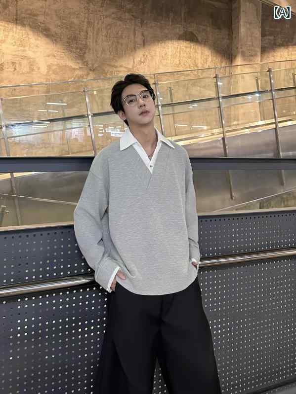 メンズ ファッション 春夏 秋冬 かっこいい オシャレ モテ 男性用 紳士 韓国 シンプル 大人 韓国 ワッフル シャツ 襟 つぎ フェイク ツーピース 長袖 T シャツ メンズ ゆったり カジュアル 快適 トップス