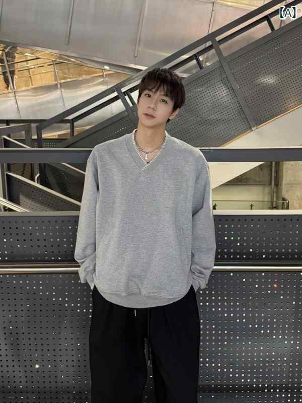 メンズ ファッション 春夏 秋冬 かっこいい オシャレ モテ 男性用 紳士 韓国 シンプル 大人 韓国 レトロ ストライプ ビーズ Vネック スウェットシャツ メンズ 春 ゆったり カジュアル トップ