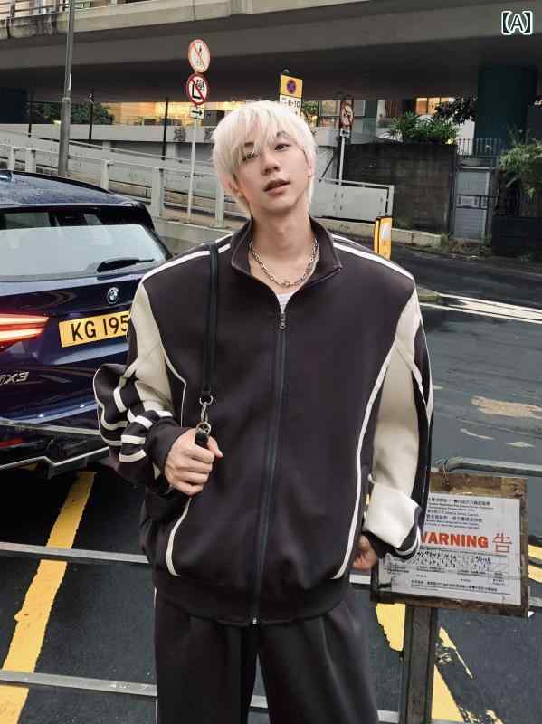 メンズ ファッション 春夏 秋冬 かっこいい オシャレ モテ 男性用 紳士 韓国 シンプル 大人 シニア グレー ストライプ ショルダーパッド ジャケット コート メンズ ゆったり スタンドカラー カジュアル スポーツ スーツ